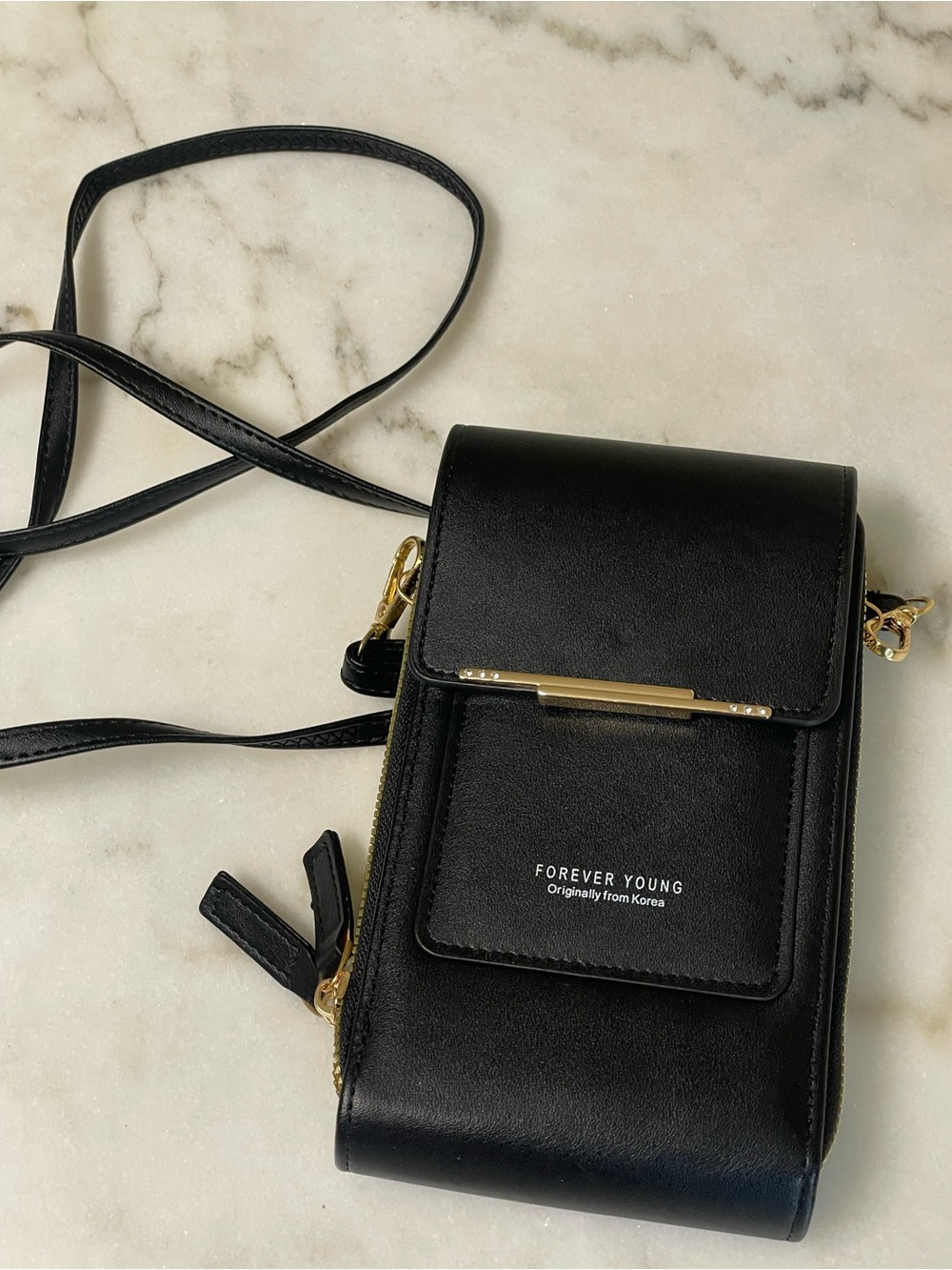 Forever Young Black Crossbody Phone Pouch with Gold Bar Accent